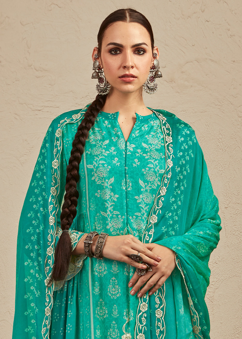 Turquoise Green Digital Printed Cotton Silk Suit With Parsi Embroidery work