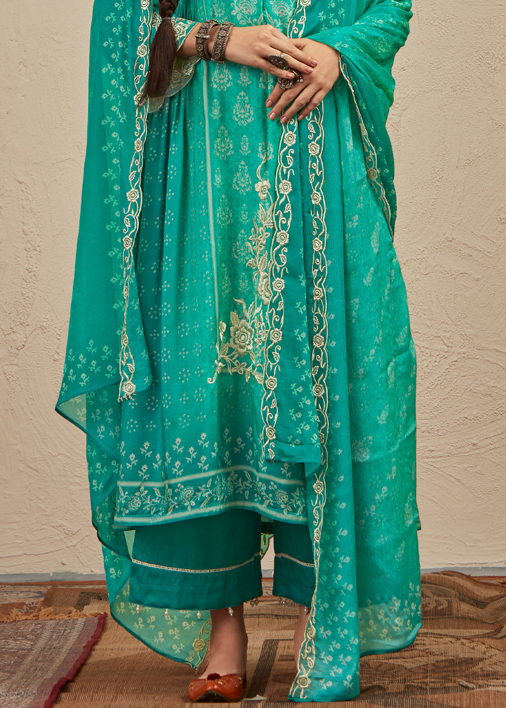 Turquoise Green Digital Printed Cotton Silk Suit With Parsi Embroidery work