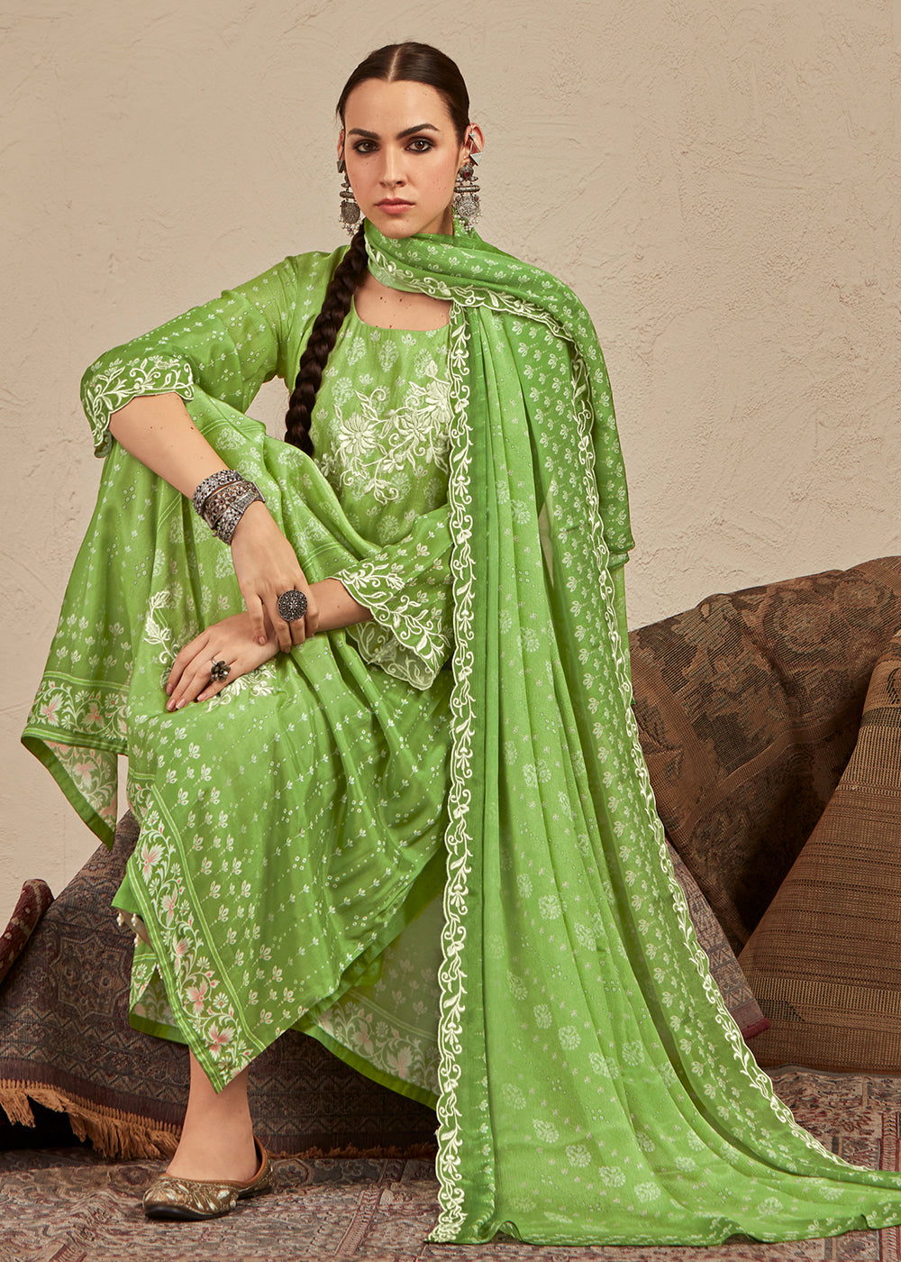 Light Green Digital Printed Cotton Silk Suit With Parsi Embroidery work