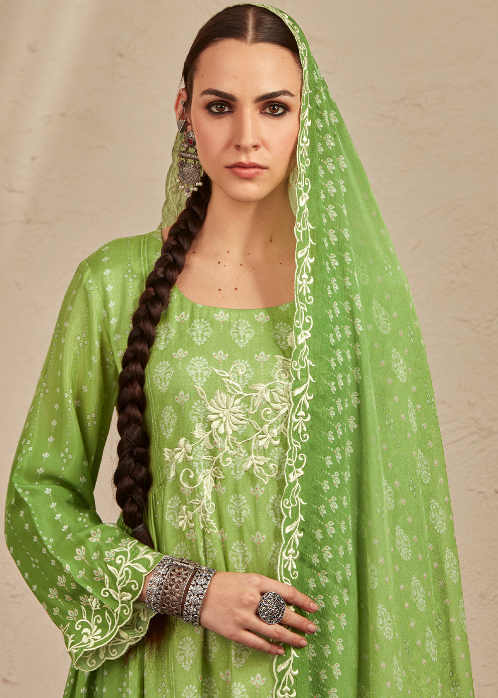 Light Green Digital Printed Cotton Silk Suit With Parsi Embroidery work