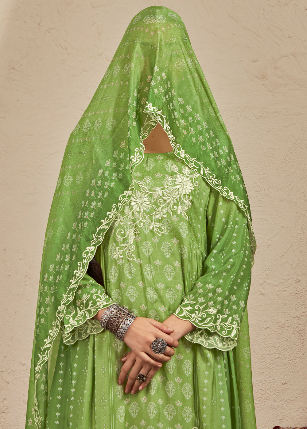 Light Green Digital Printed Cotton Silk Suit With Parsi Embroidery work