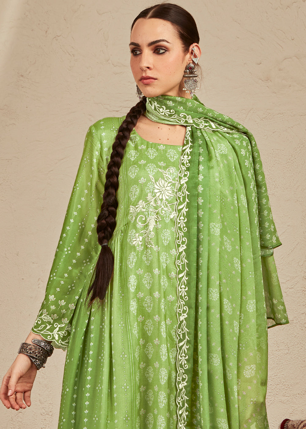 Light Green Digital Printed Cotton Silk Suit With Parsi Embroidery work