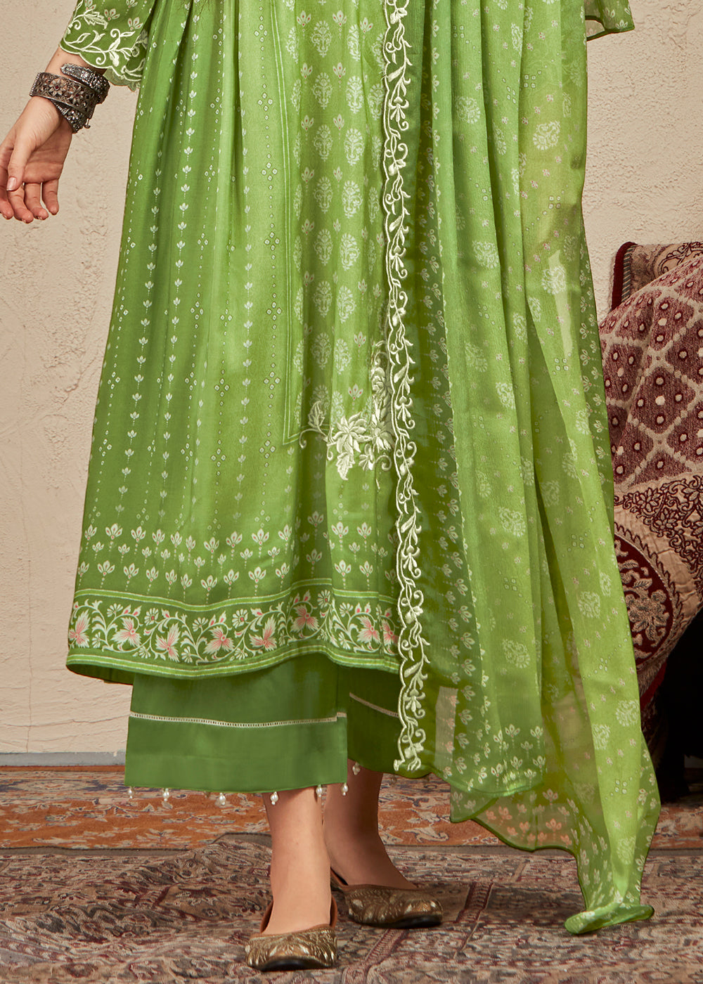 Light Green Digital Printed Cotton Silk Suit With Parsi Embroidery work