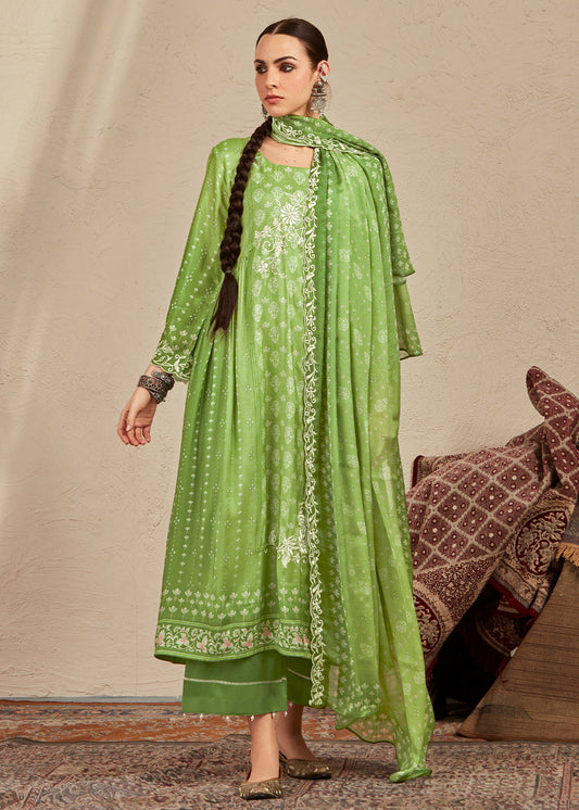 Light Green Digital Printed Cotton Silk Suit With Parsi Embroidery work