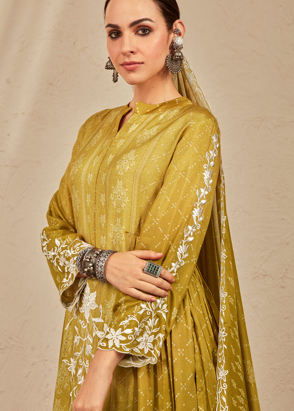 Mustard Yellow Digital Printed Cotton Silk Suit With Parsi Embroidery work