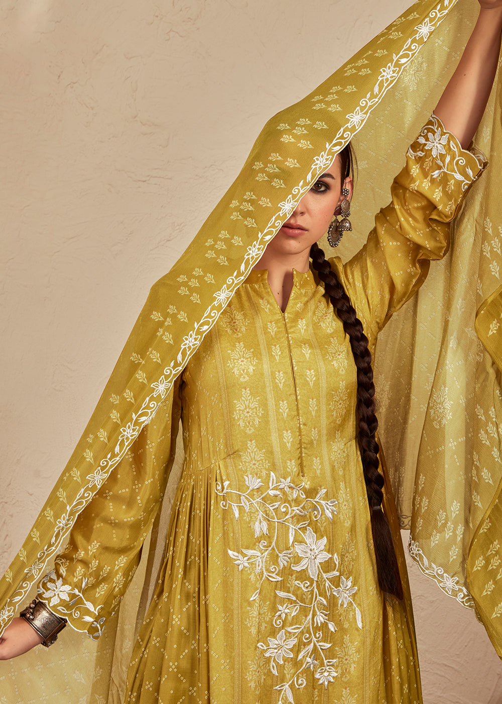 Mustard Yellow Digital Printed Cotton Silk Suit With Parsi Embroidery work