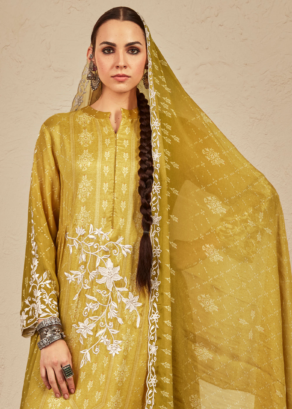 Mustard Yellow Digital Printed Cotton Silk Suit With Parsi Embroidery work