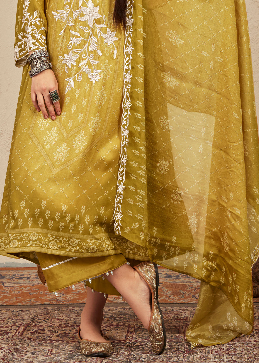 Mustard Yellow Digital Printed Cotton Silk Suit With Parsi Embroidery work