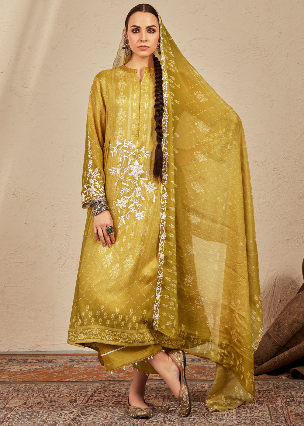 Mustard Yellow Digital Printed Cotton Silk Suit With Parsi Embroidery work