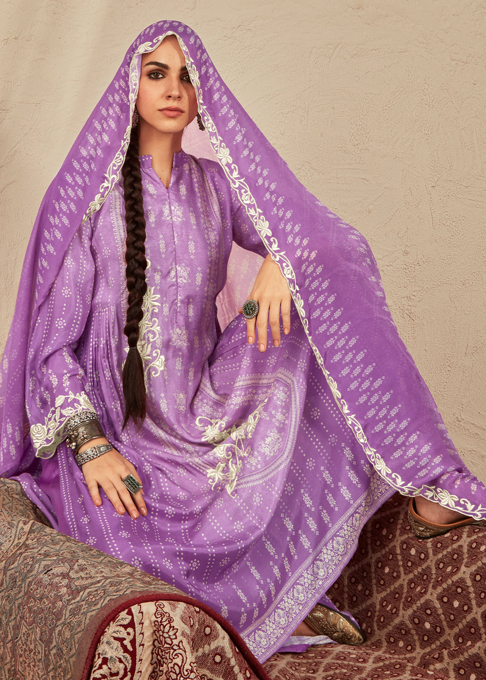 Electric Purple Digital Printed Cotton Silk Suit With Parsi Embroidery work