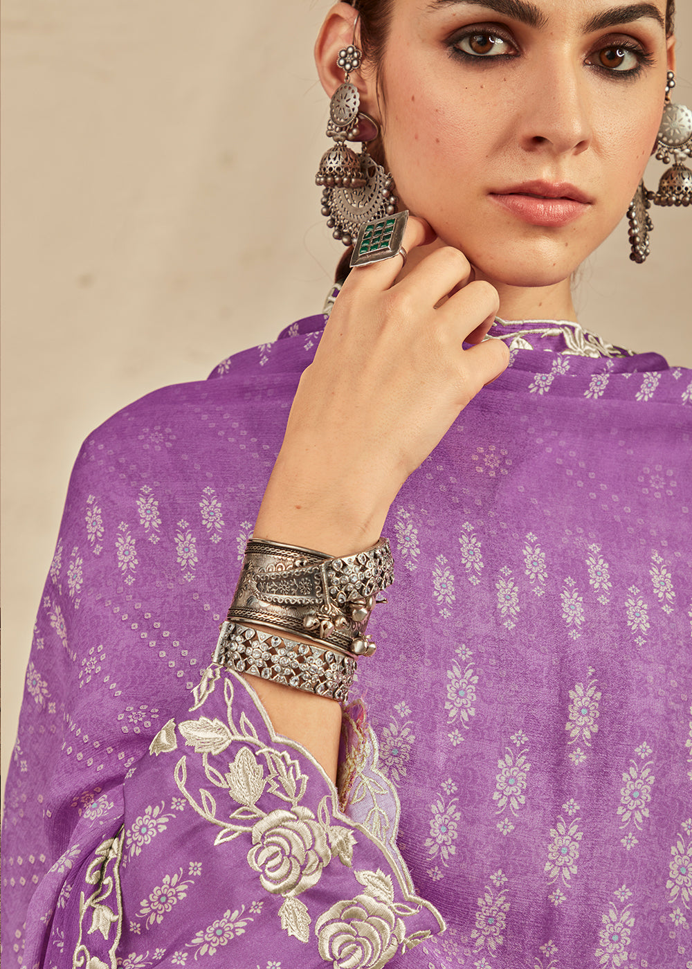 Electric Purple Digital Printed Cotton Silk Suit With Parsi Embroidery work