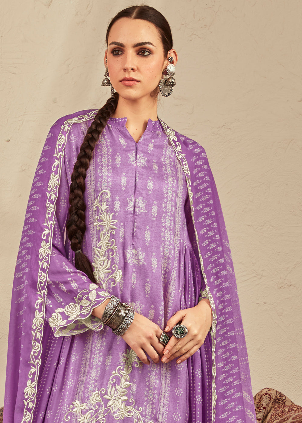 Electric Purple Digital Printed Cotton Silk Suit With Parsi Embroidery work