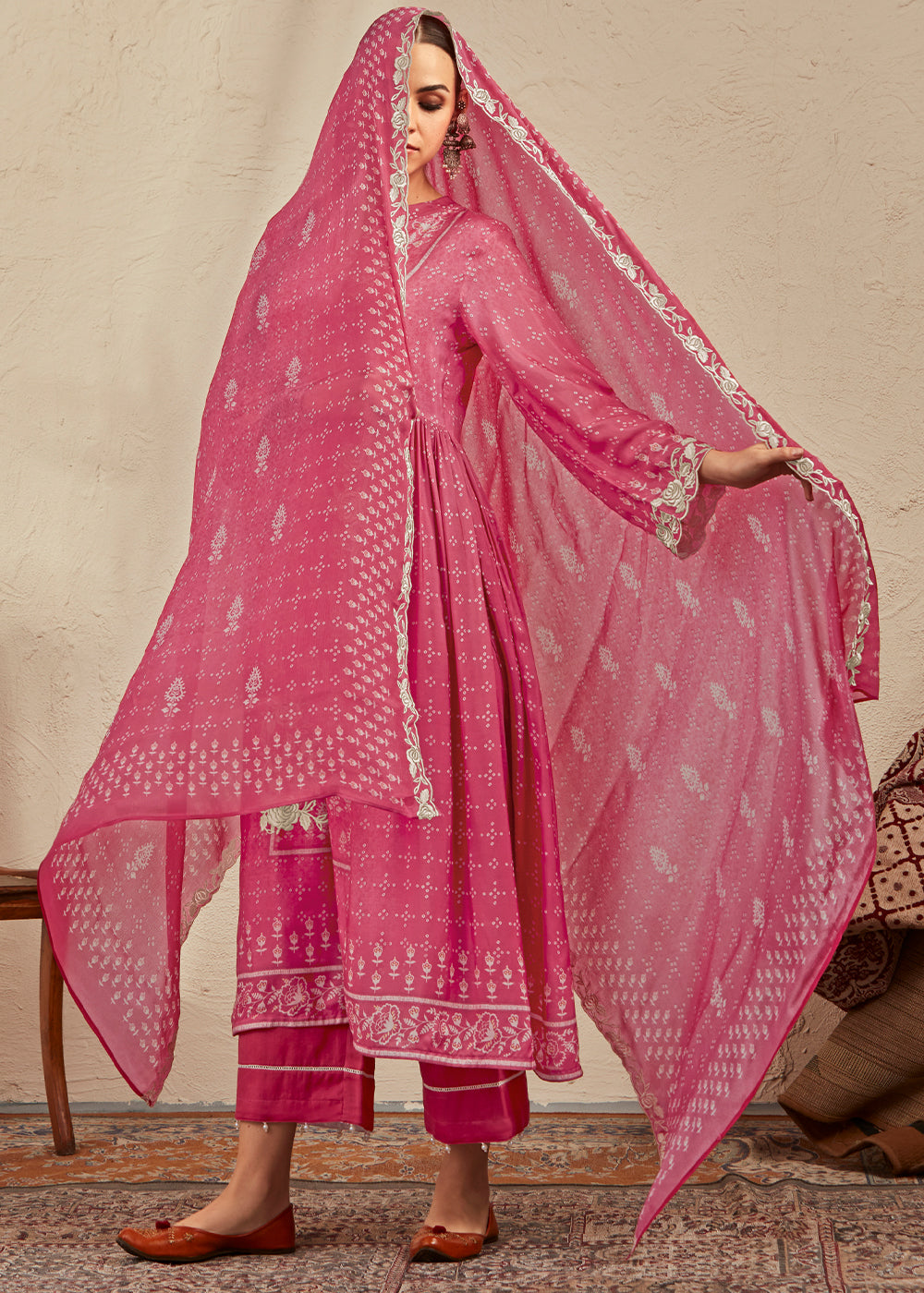 French Rose Pink Digital Printed Cotton Silk Suit With Parsi Embroidery work