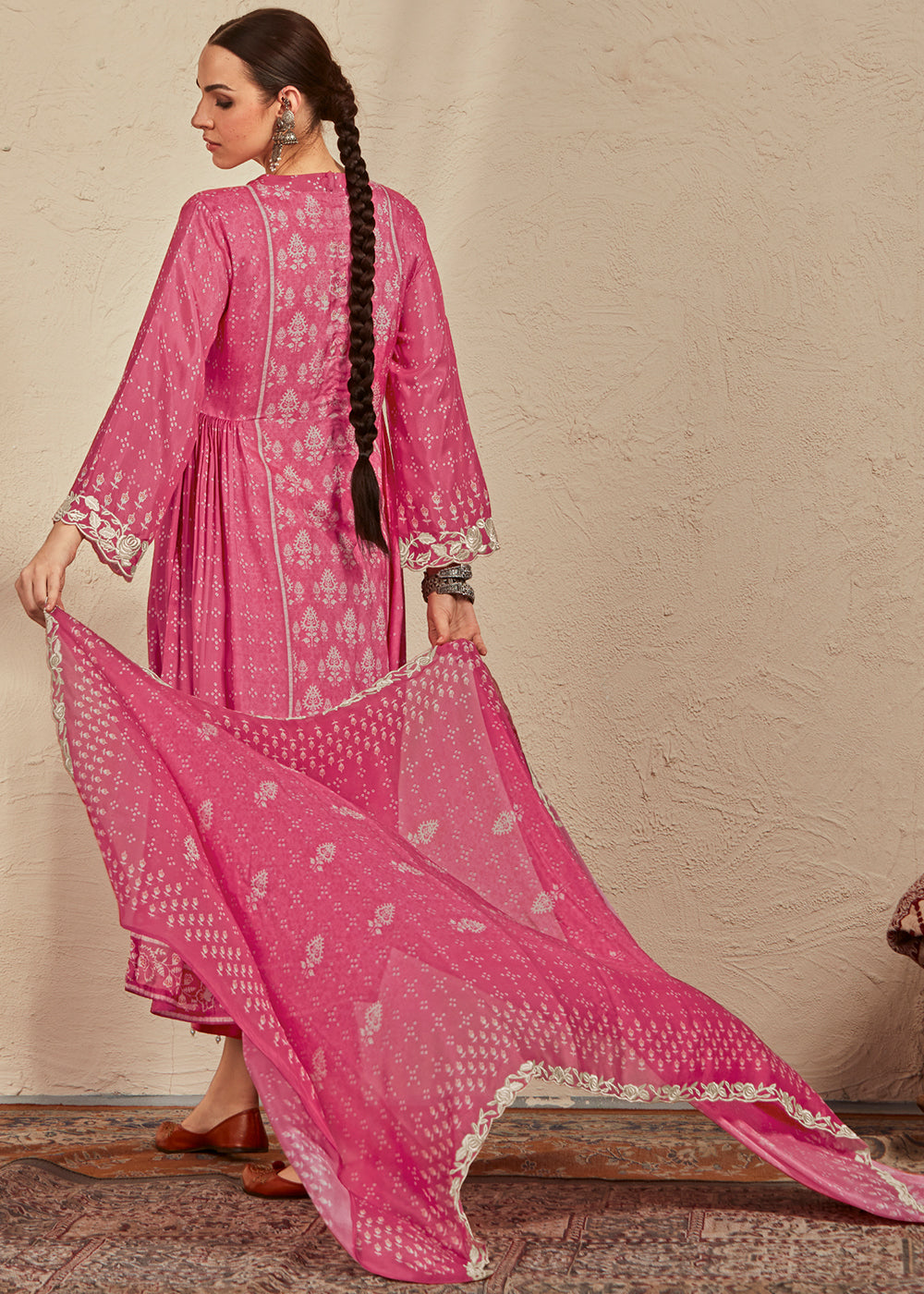 French Rose Pink Digital Printed Cotton Silk Suit With Parsi Embroidery work