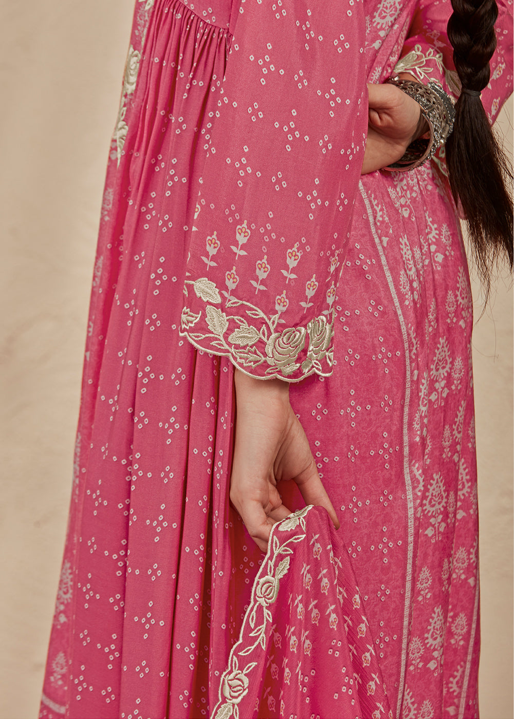 French Rose Pink Digital Printed Cotton Silk Suit With Parsi Embroidery work