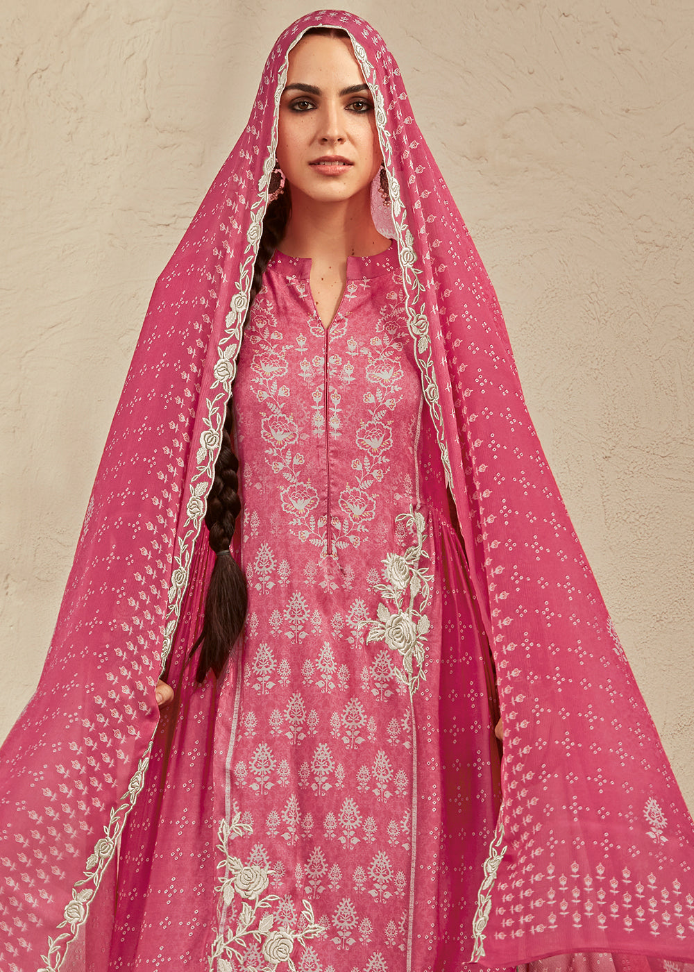 French Rose Pink Digital Printed Cotton Silk Suit With Parsi Embroidery work