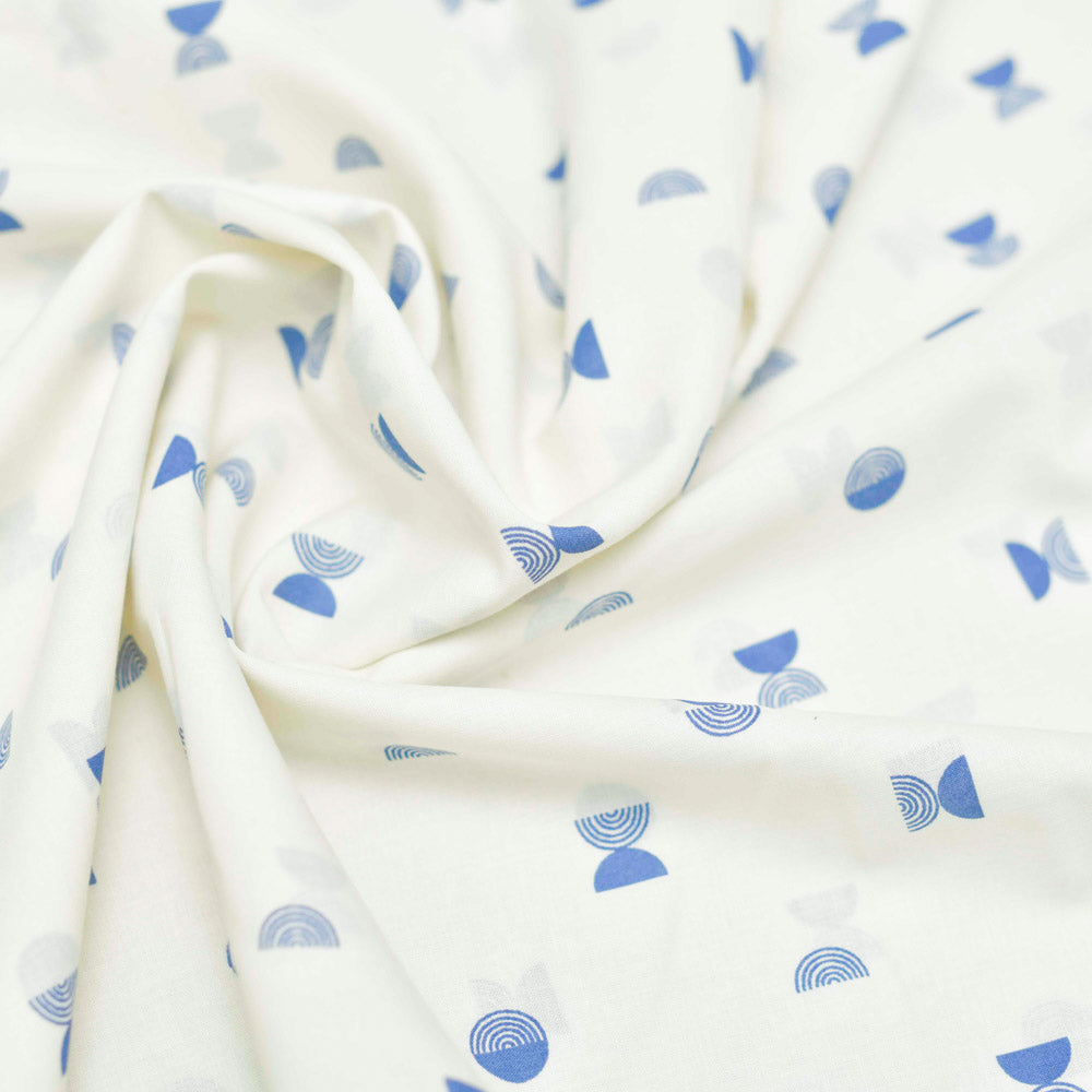 Cream and Blue Hand Printed Geometrical Screen Printed Cotton Fabric