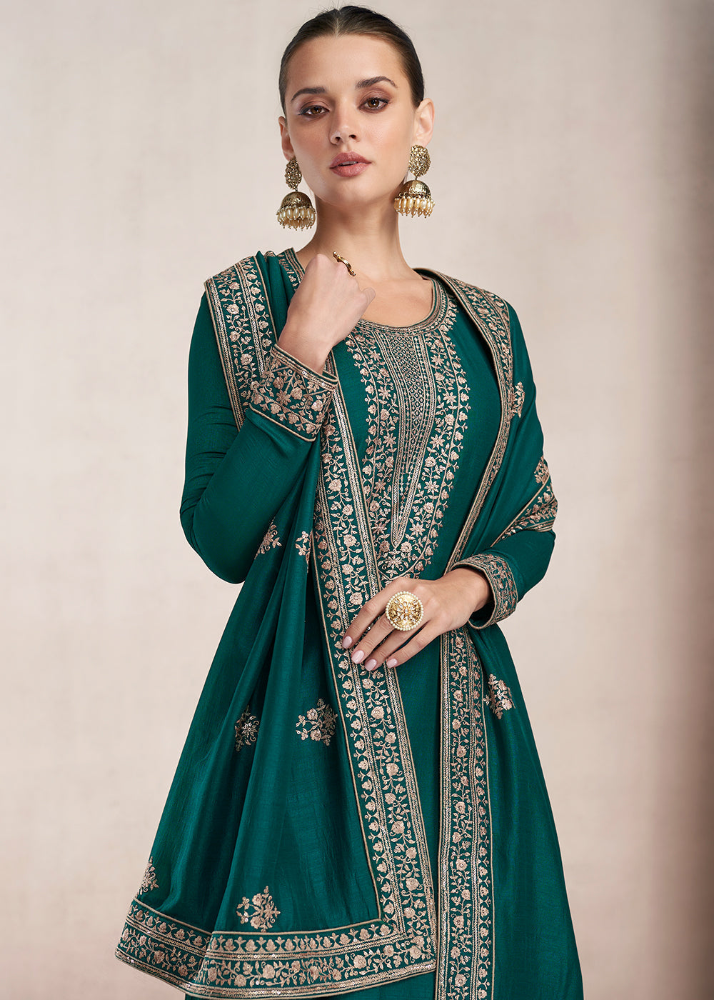 Arabian Green Silk Salwar Suit with Floral Embroidery work