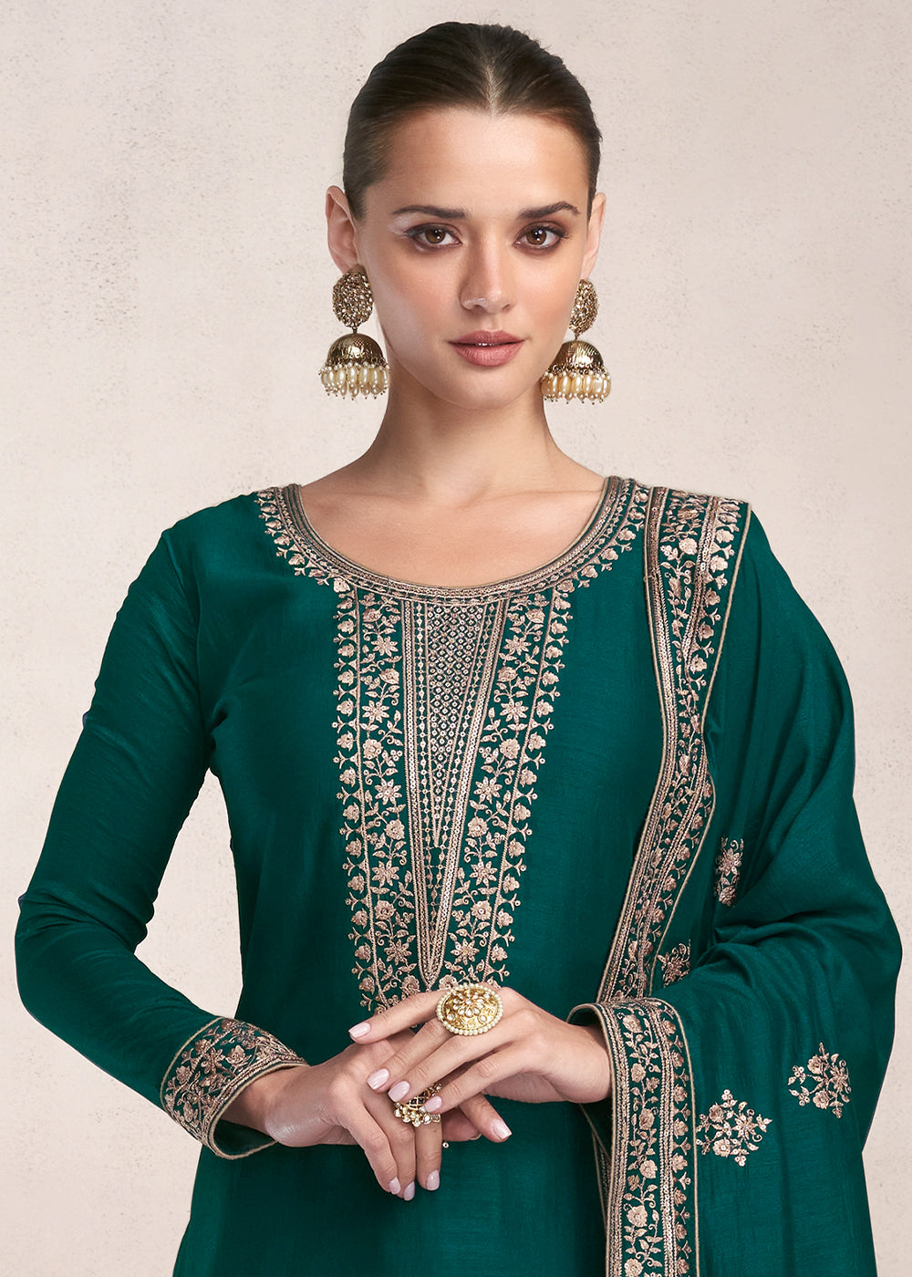 Arabian Green Silk Salwar Suit with Floral Embroidery work