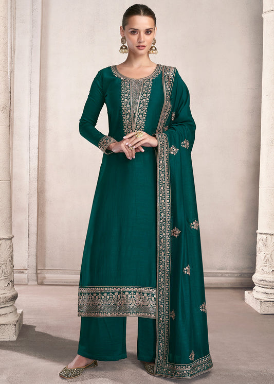 Arabian Green Silk Salwar Suit with Floral Embroidery work