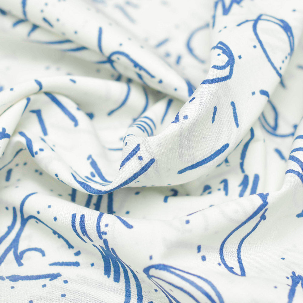 White and Blue Geometric Screen Printed Cotton Fabric