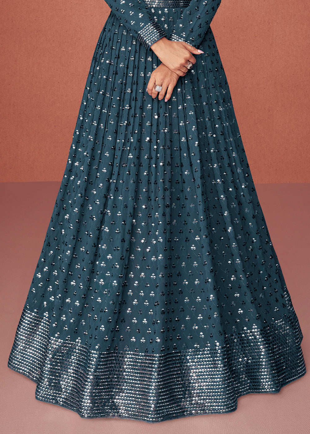 Prussian Blue Designer Georgette Anarkali Suit with Sequins work