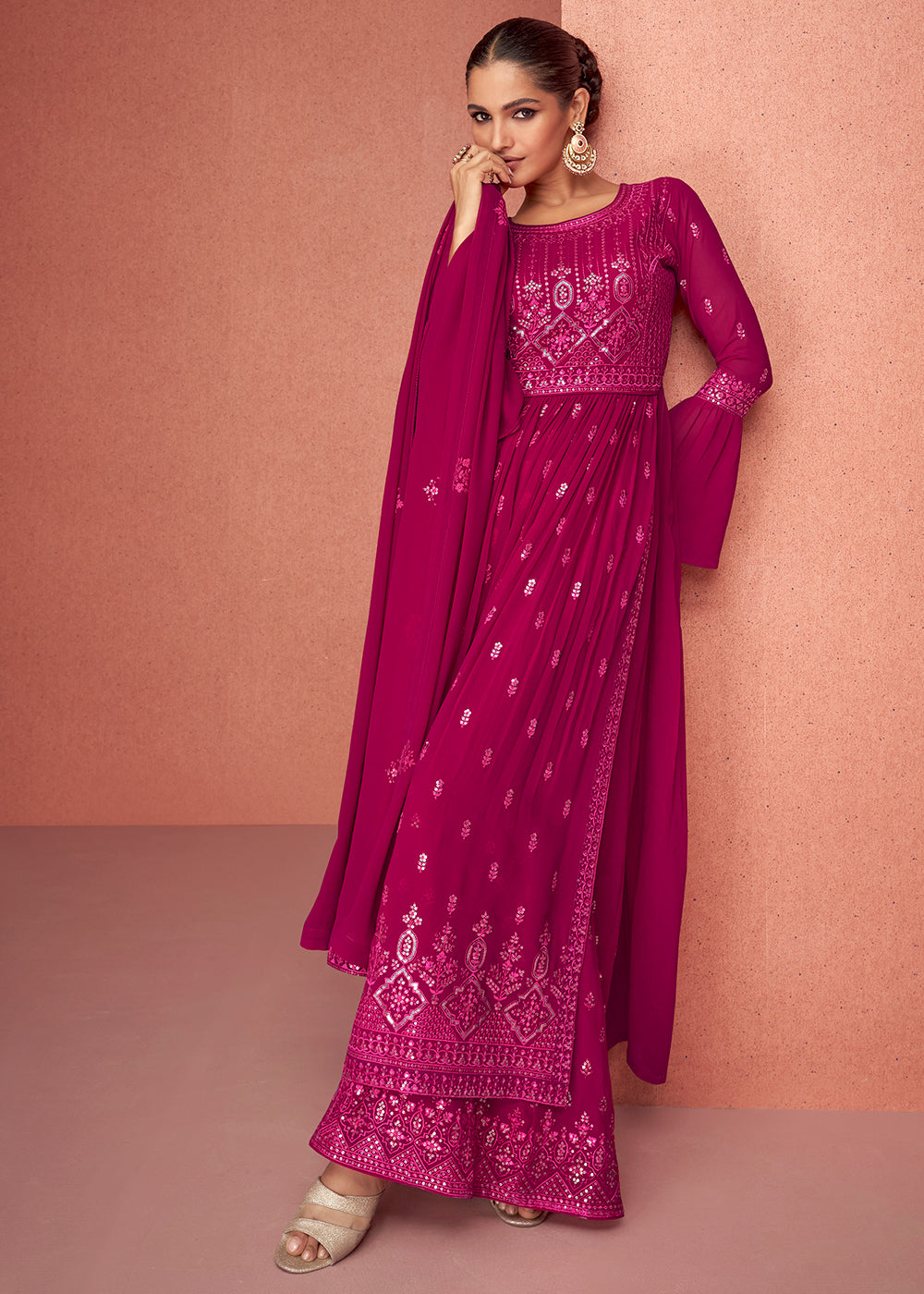 Magenta Pink Georgette Embroidered Anarkali Suit