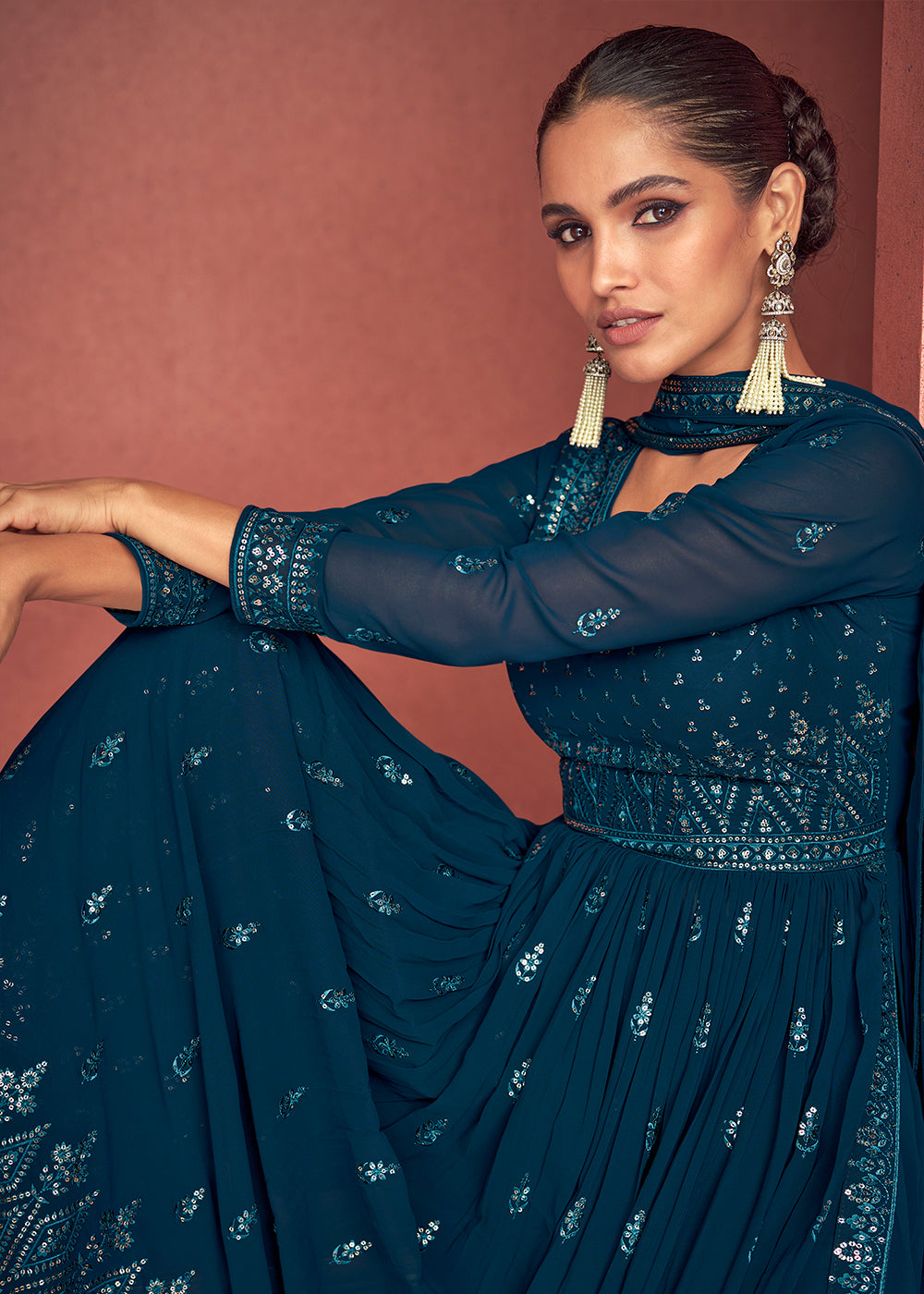 Space Blue Georgette Embroidered Anarkali Suit