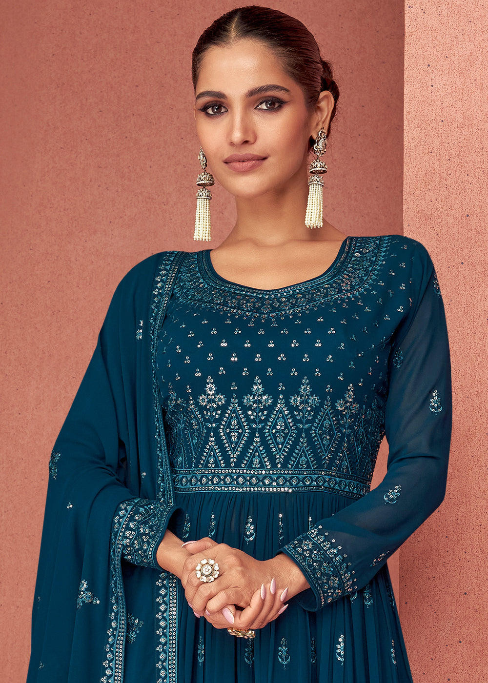 Space Blue Georgette Embroidered Anarkali Suit