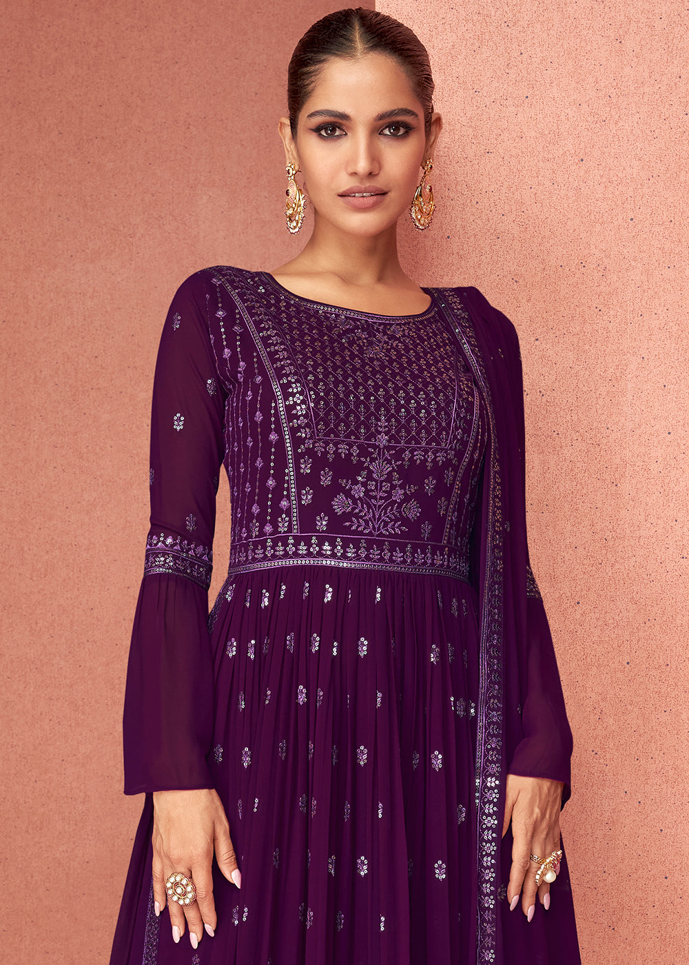 Eggplant Purple Georgette Embroidered Anarkali Suit