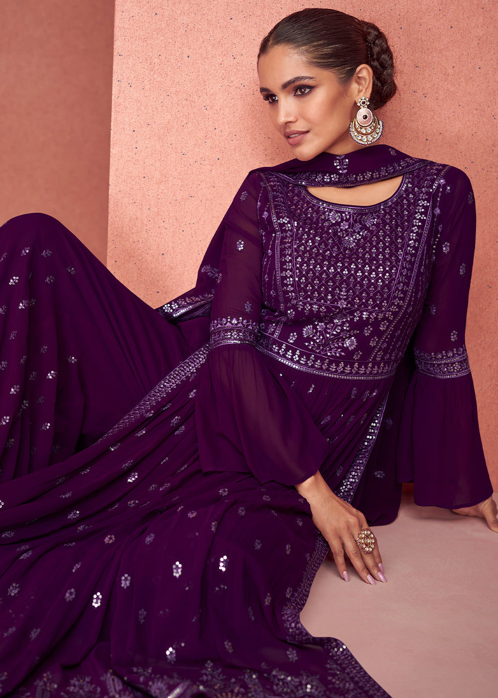 Eggplant Purple Georgette Embroidered Anarkali Suit