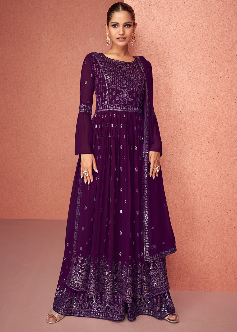 Eggplant Purple Georgette Embroidered Anarkali Suit