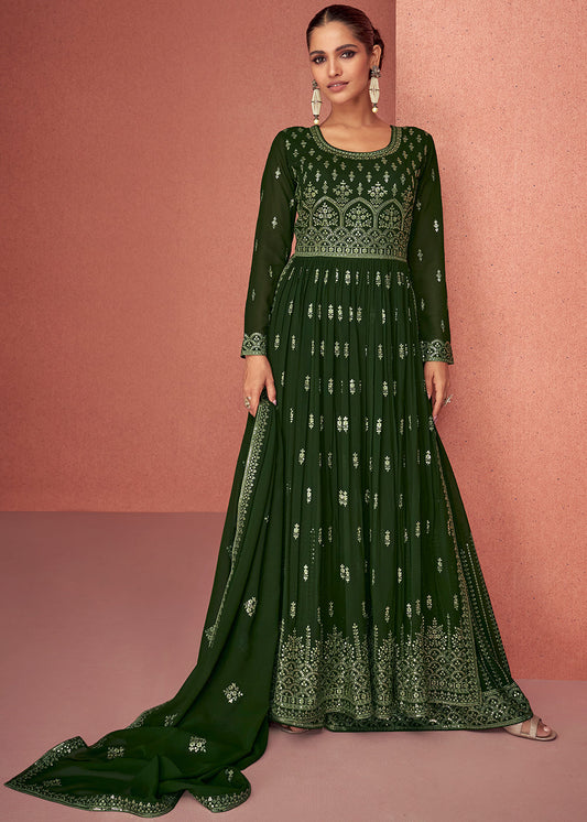 Seaweed Green Georgette Embroidered Anarkali Suit