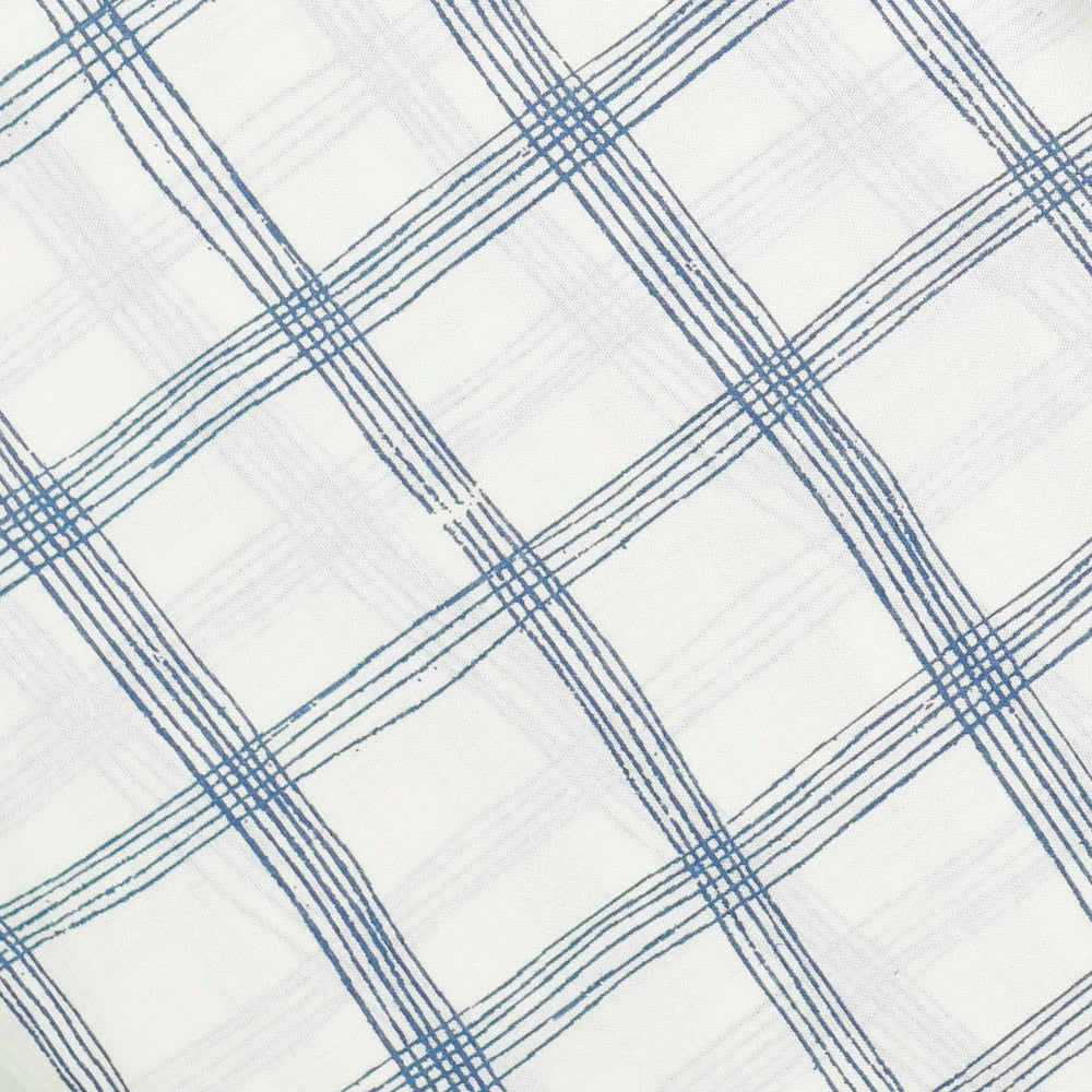 White and Blue Check Screen Printed Cotton Fabric