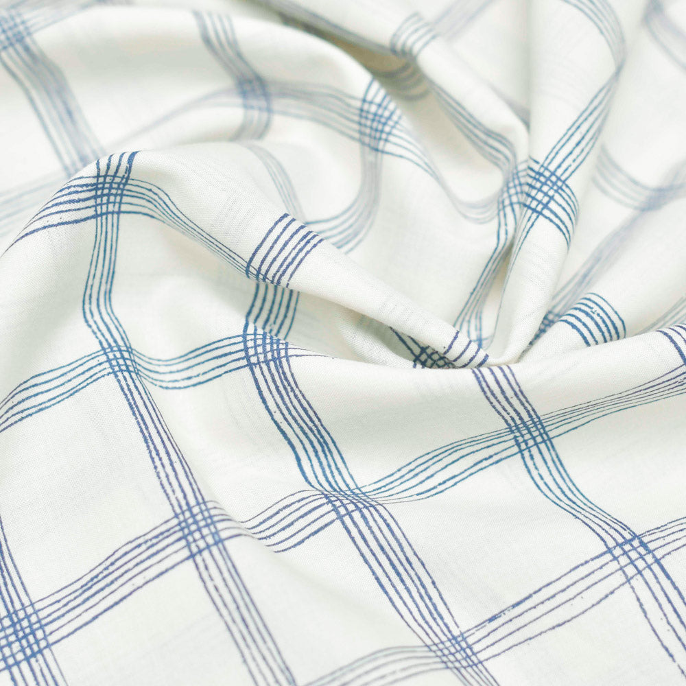 White and Blue Check Screen Printed Cotton Fabric