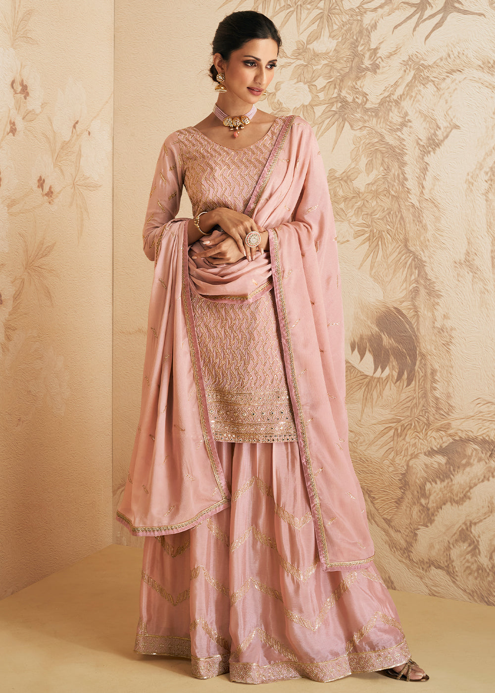 Mauvelous Pink Embroidered Chinnon Plazzo Suit