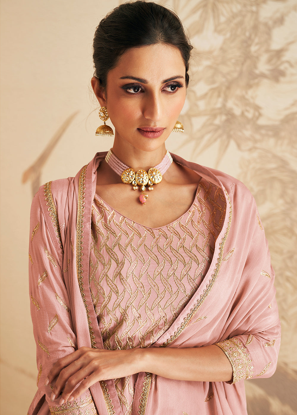 Mauvelous Pink Embroidered Chinnon Plazzo Suit