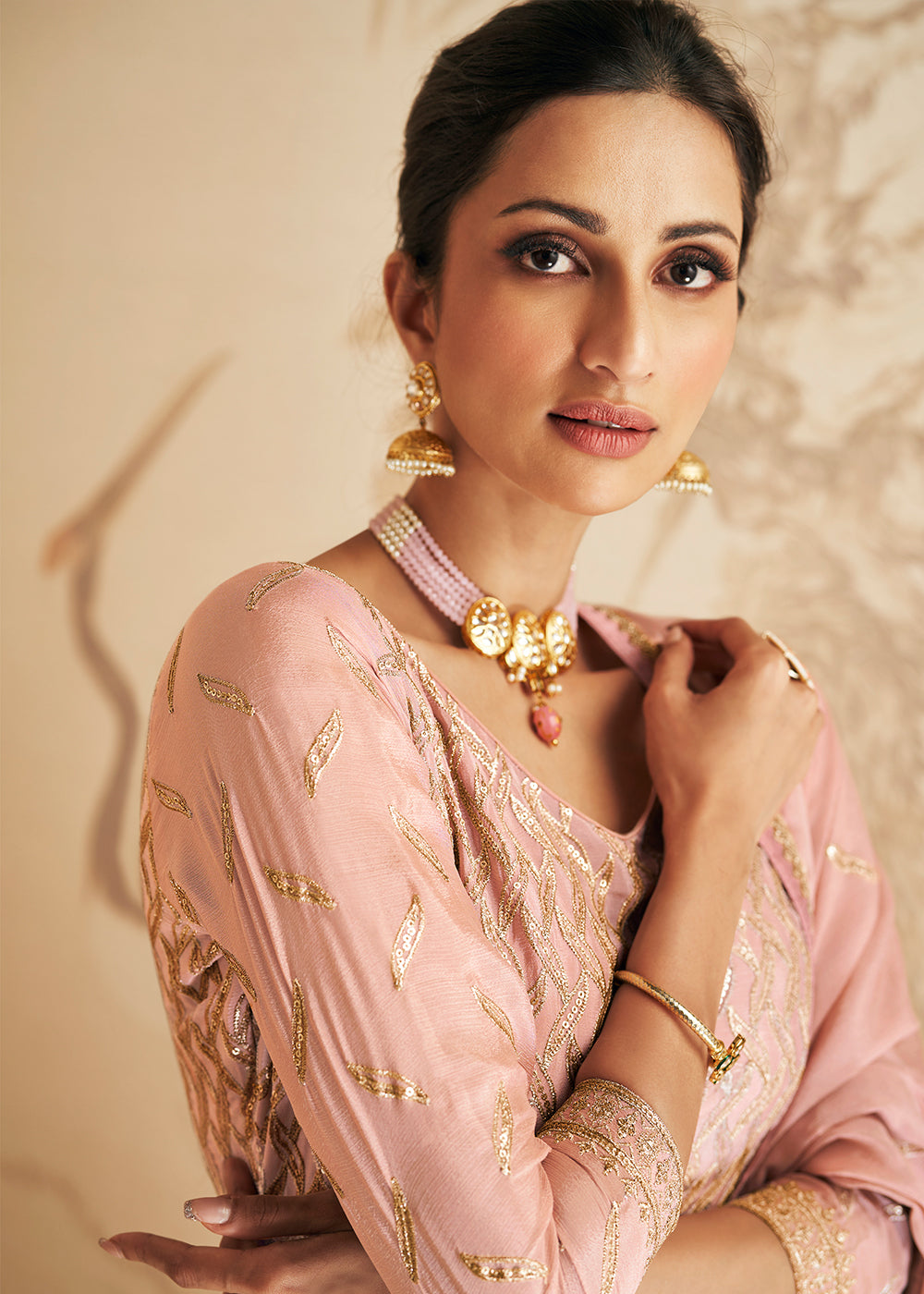 Mauvelous Pink Embroidered Chinnon Plazzo Suit