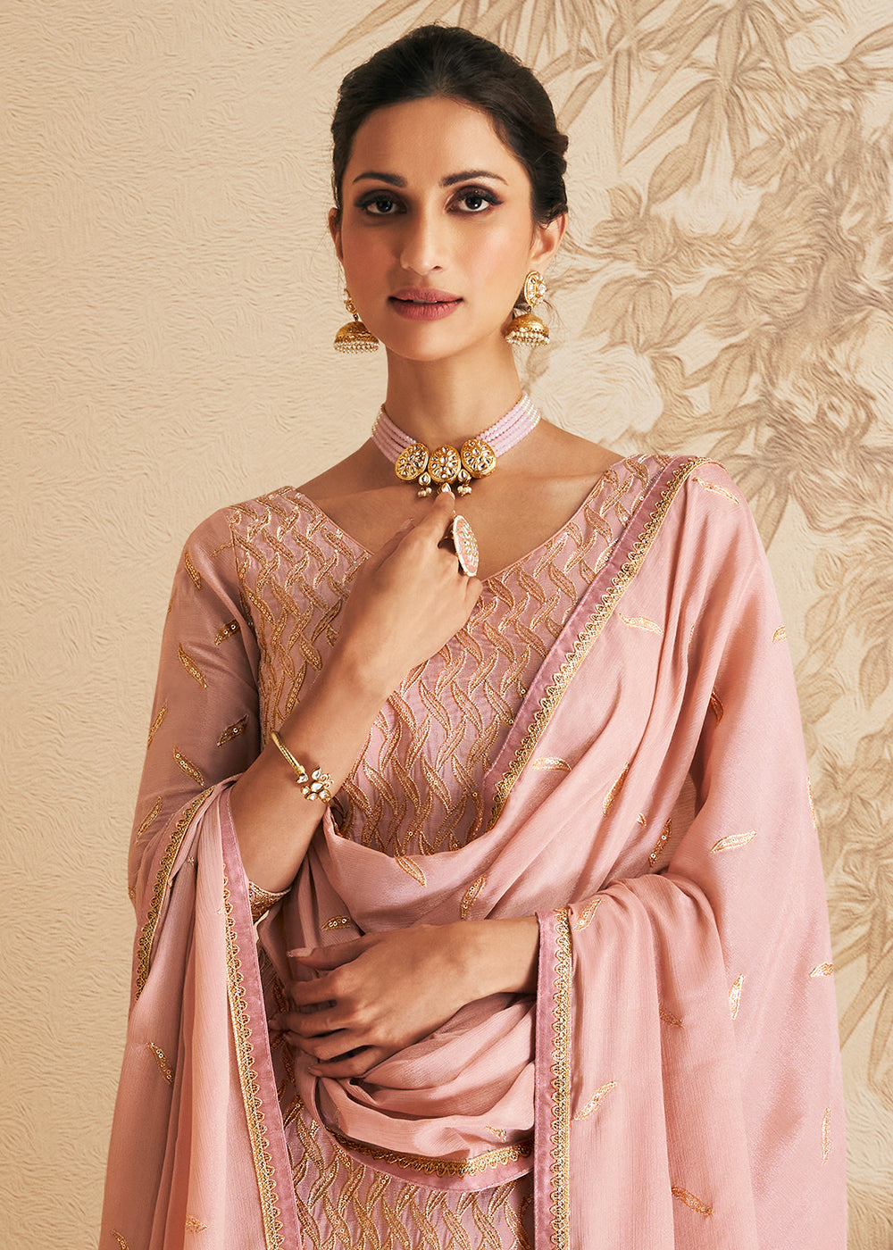 Mauvelous Pink Embroidered Chinnon Plazzo Suit