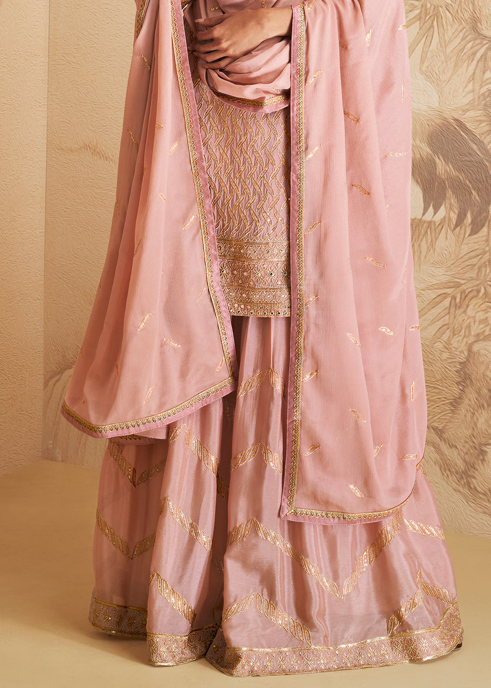 Mauvelous Pink Embroidered Chinnon Plazzo Suit