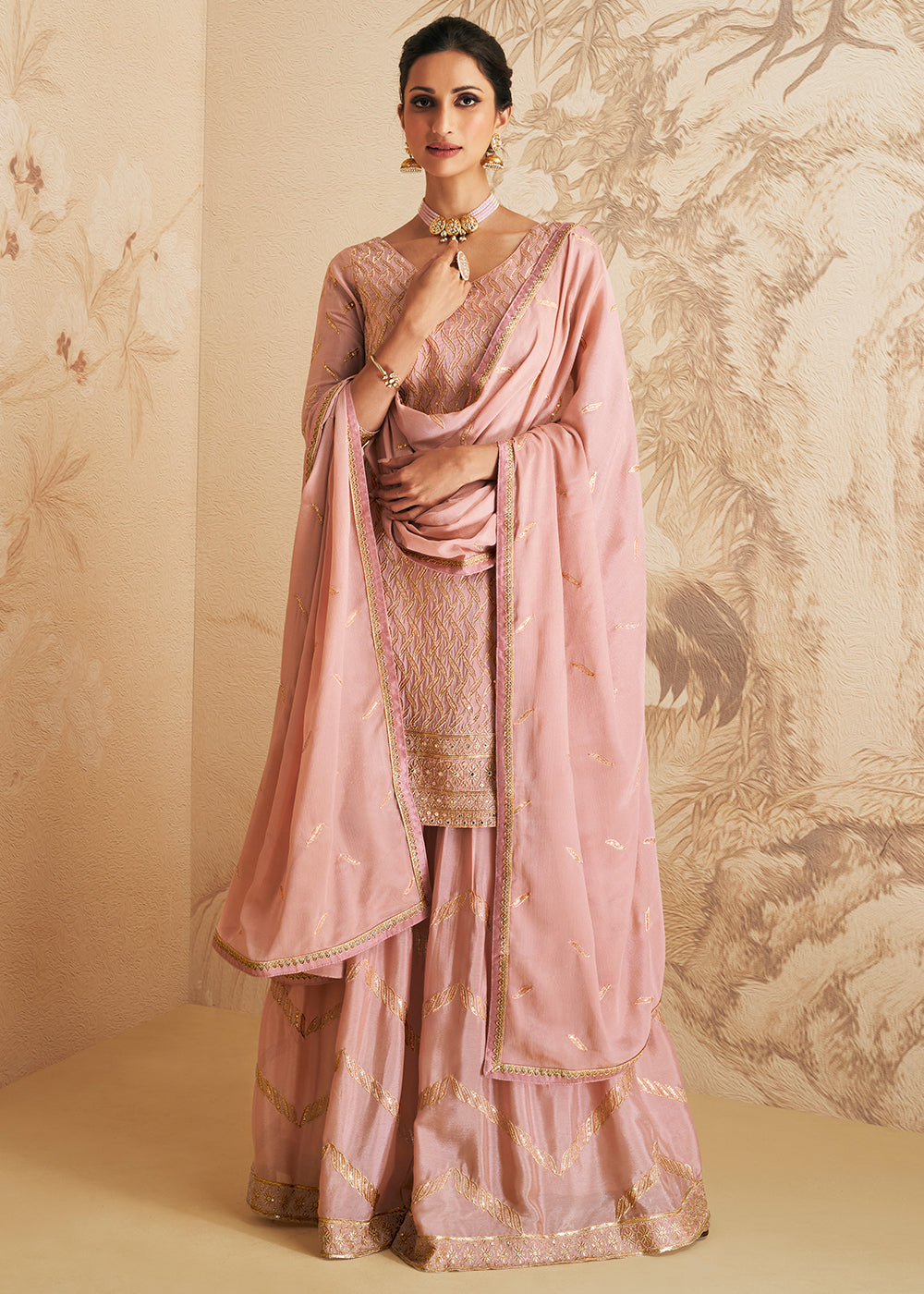 Mauvelous Pink Embroidered Chinnon Plazzo Suit