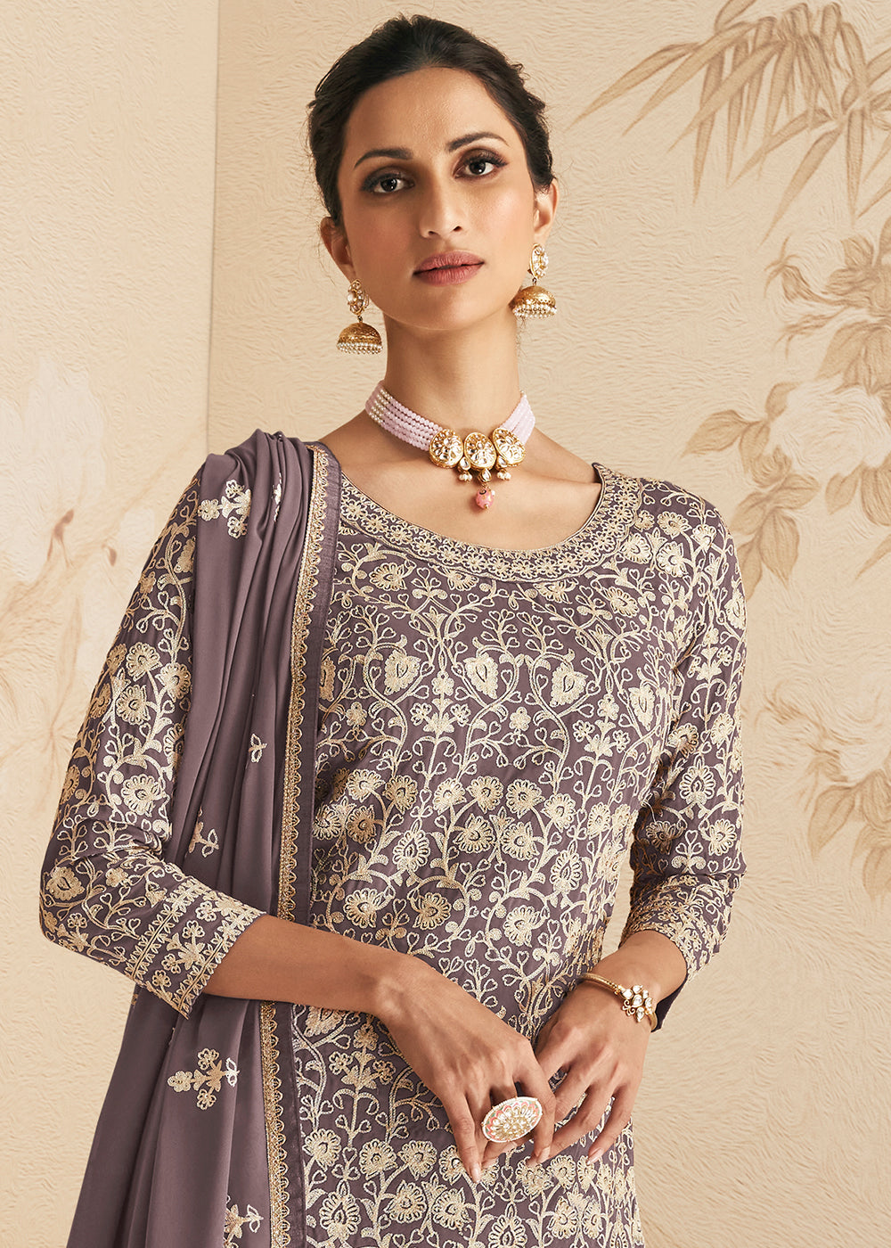 Viola Purple Embroidered Georgette Plazzo Suit