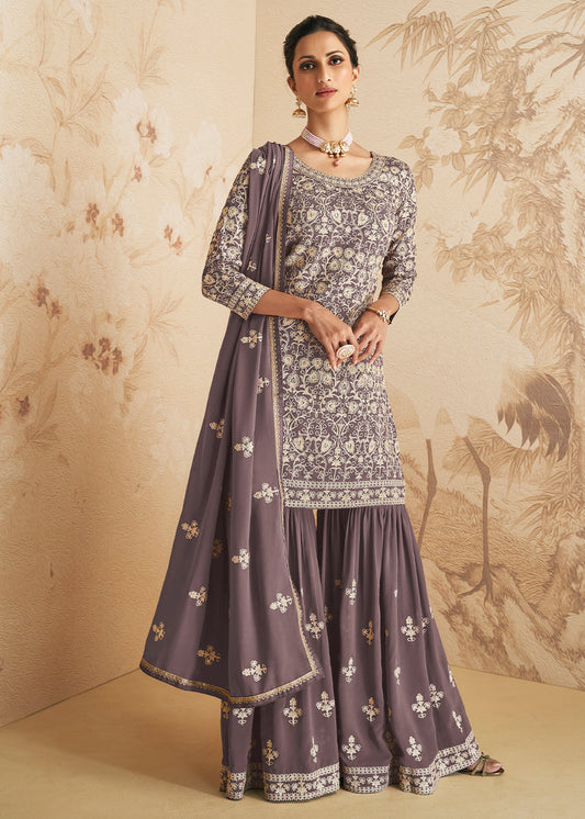 Viola Purple Embroidered Georgette Plazzo Suit