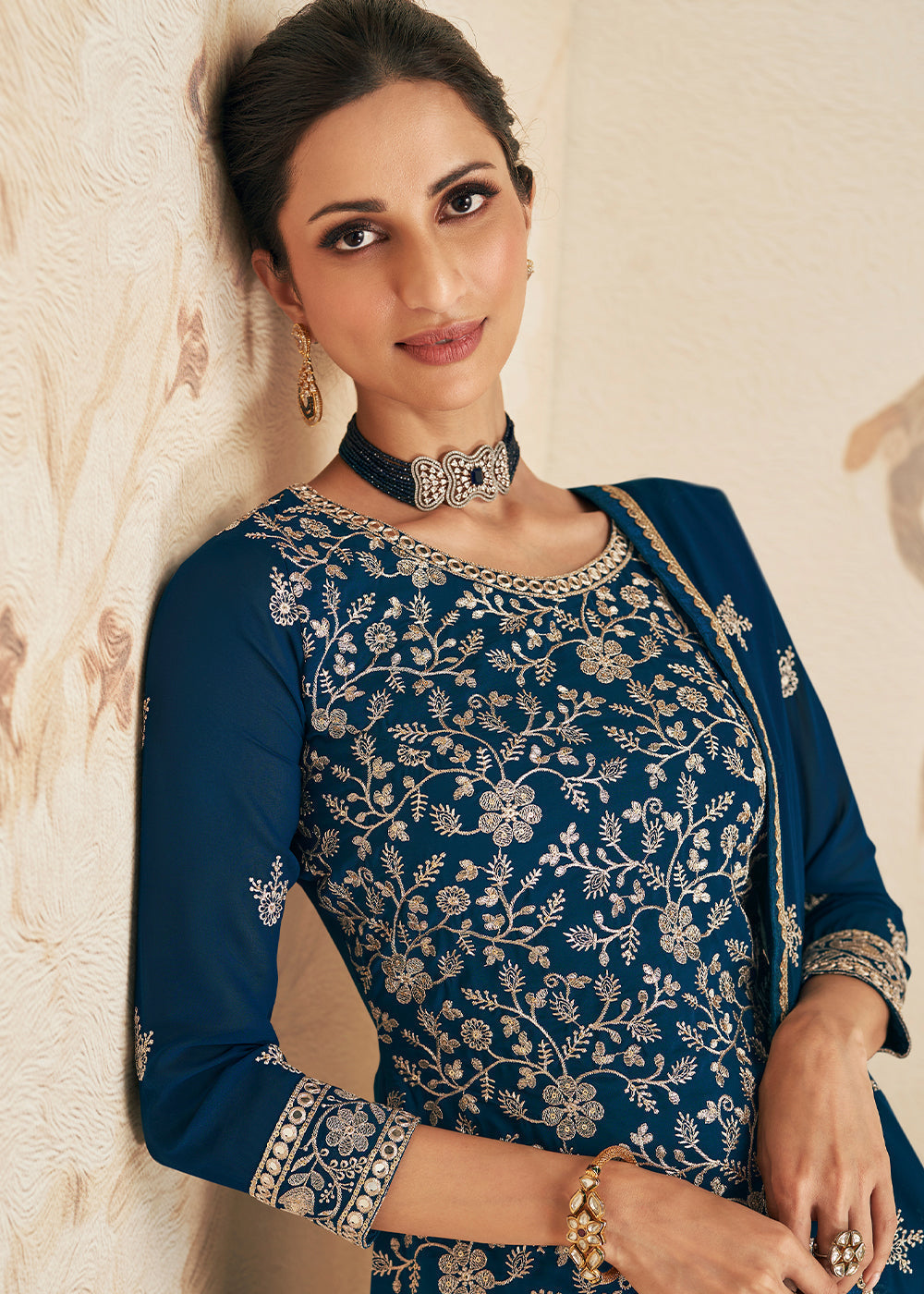 Prussian Blue Embroidered Georgette Plazzo Suit