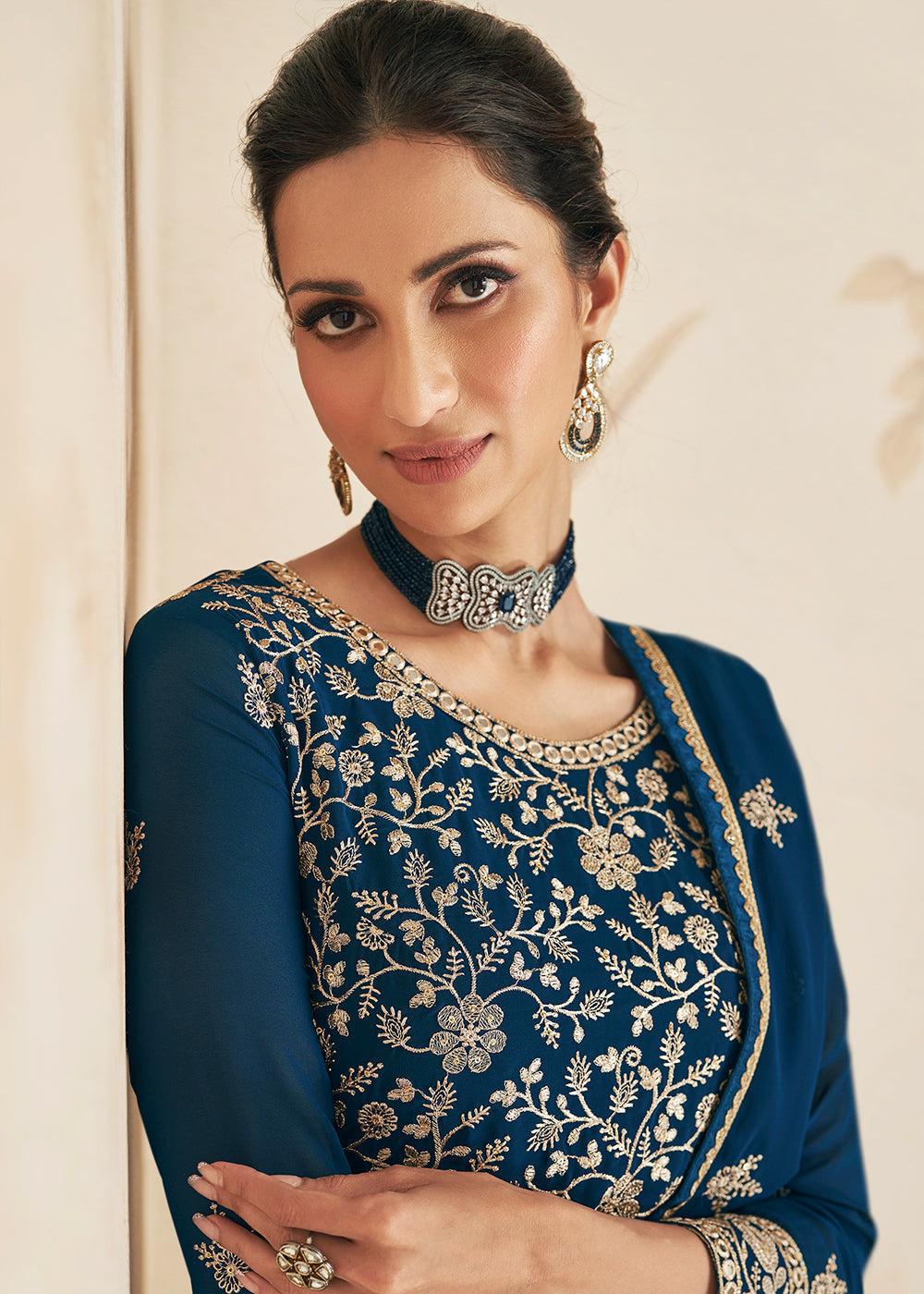 Prussian Blue Embroidered Georgette Plazzo Suit