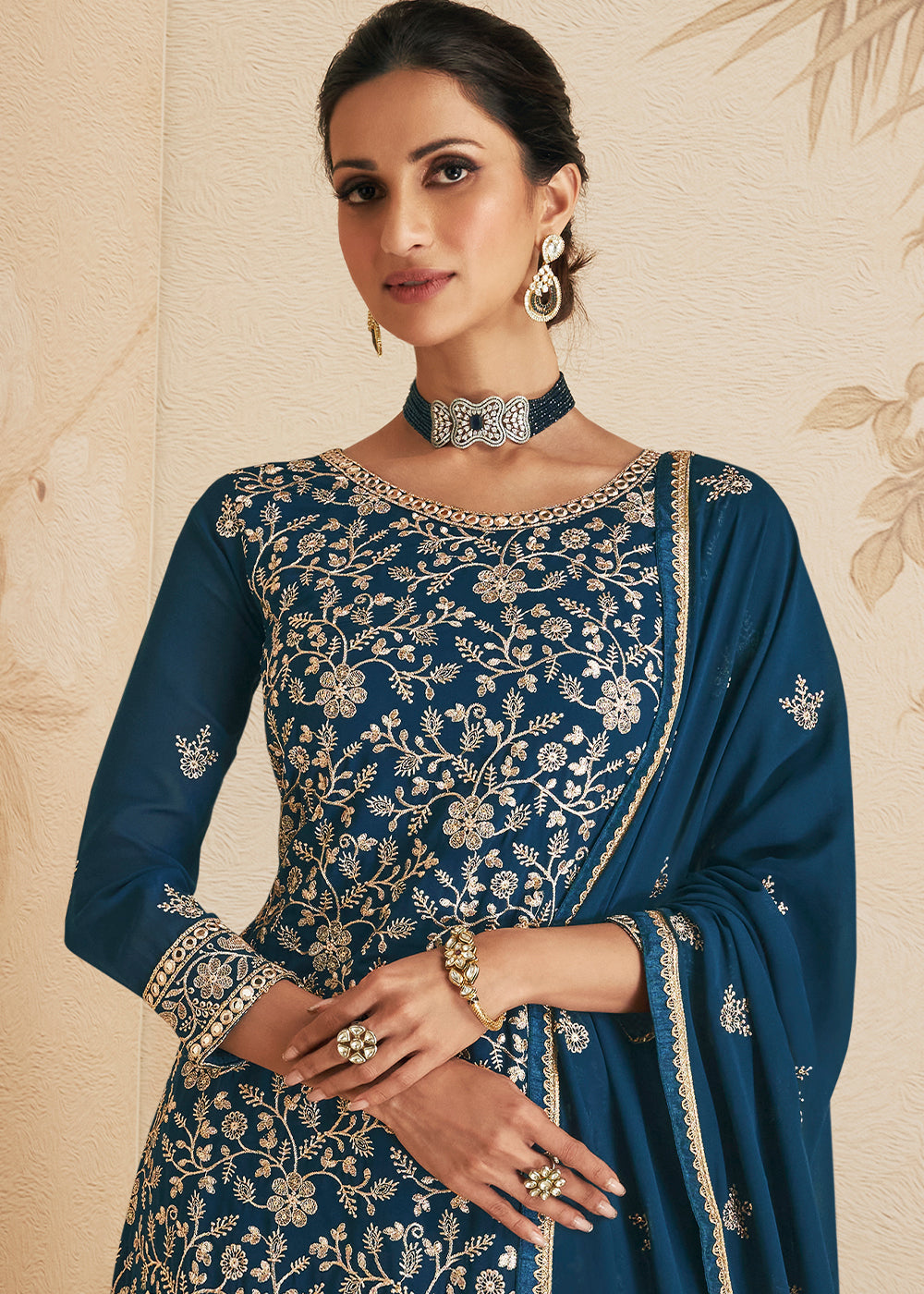 Prussian Blue Embroidered Georgette Plazzo Suit