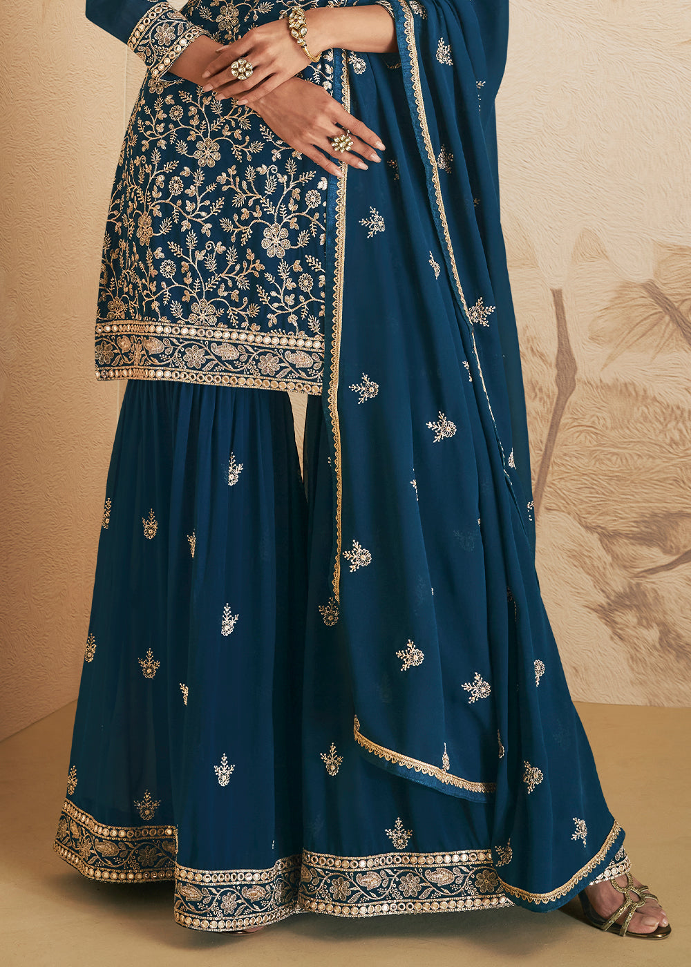 Prussian Blue Embroidered Georgette Plazzo Suit