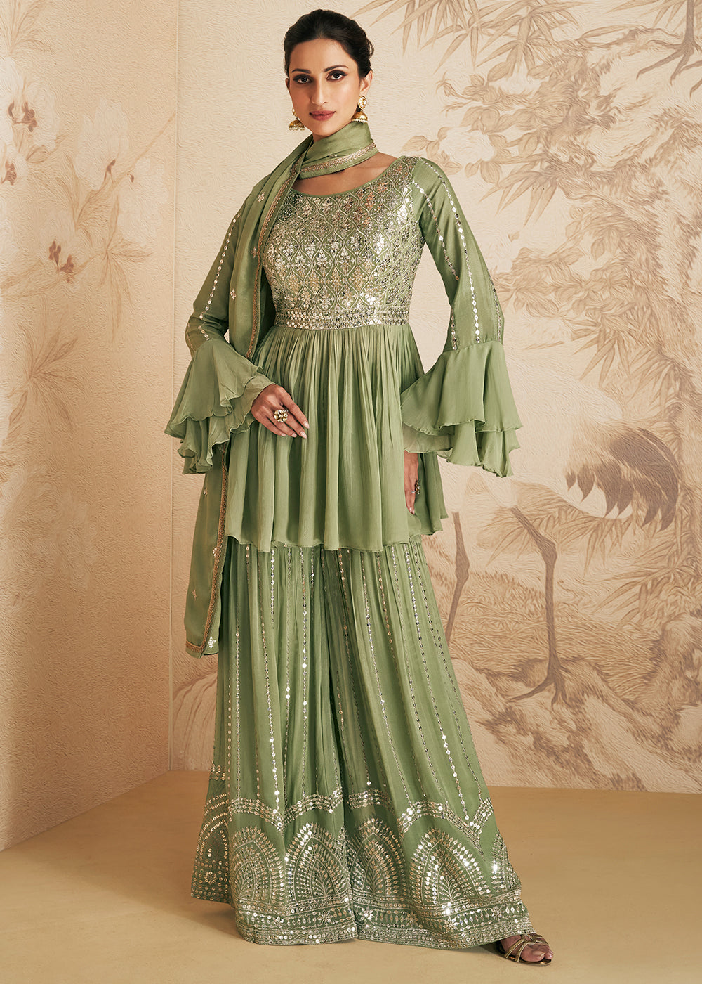 Pistachio Green Embroidered Georgette Plazzo Suit