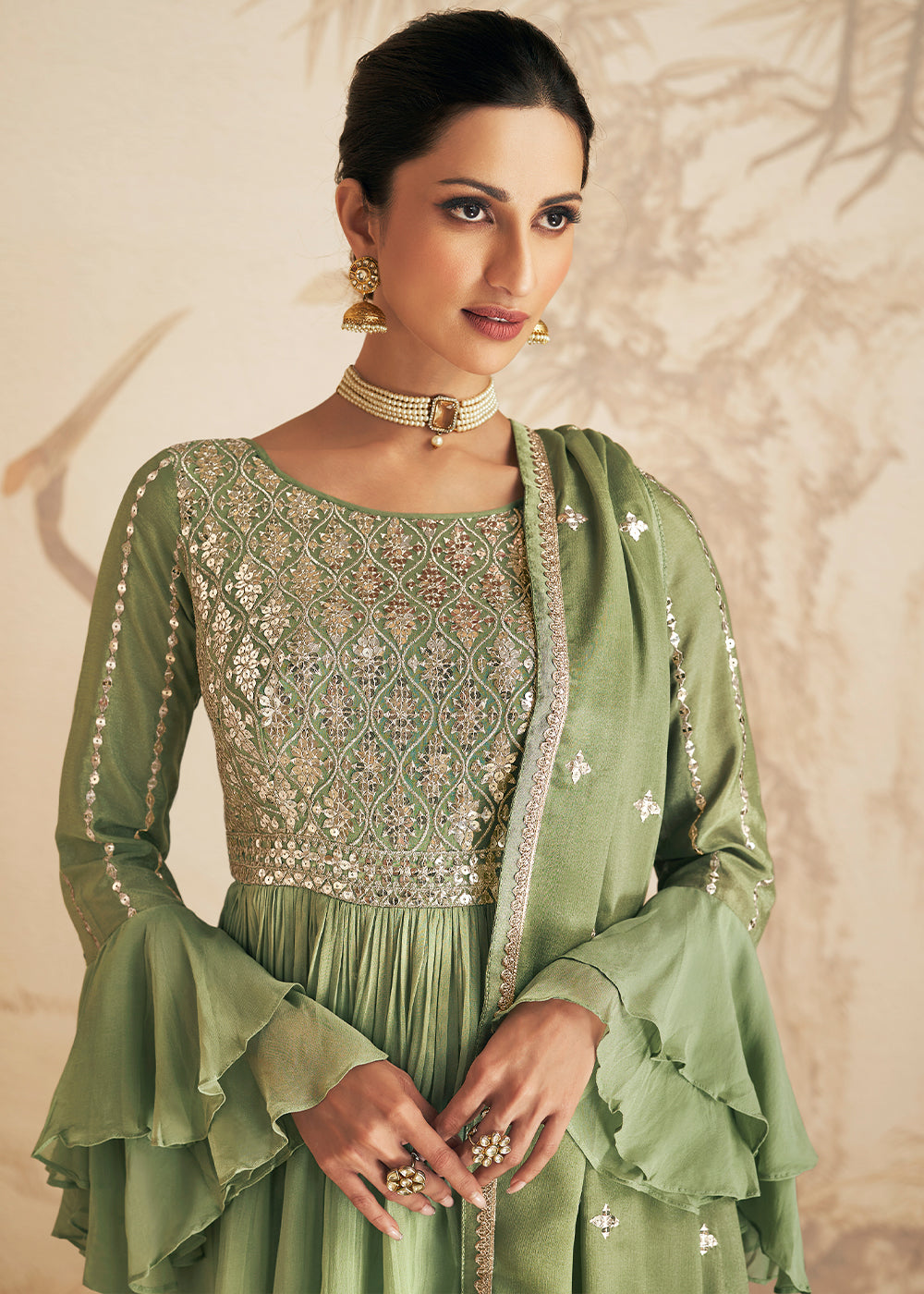 Pistachio Green Embroidered Georgette Plazzo Suit