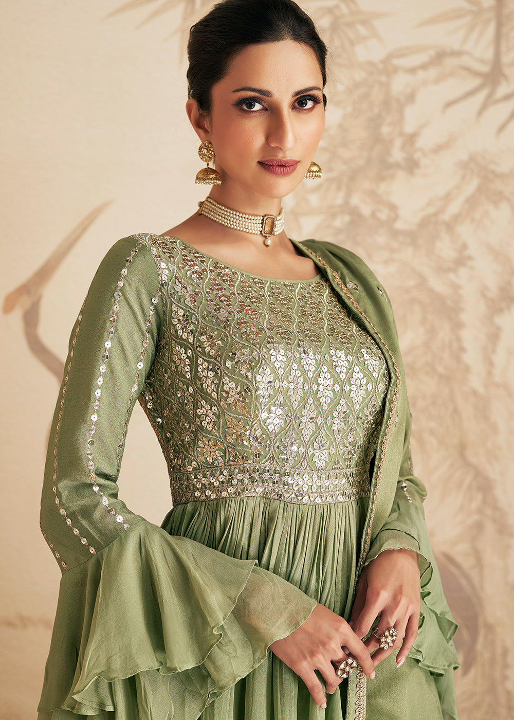 Pistachio Green Embroidered Georgette Plazzo Suit